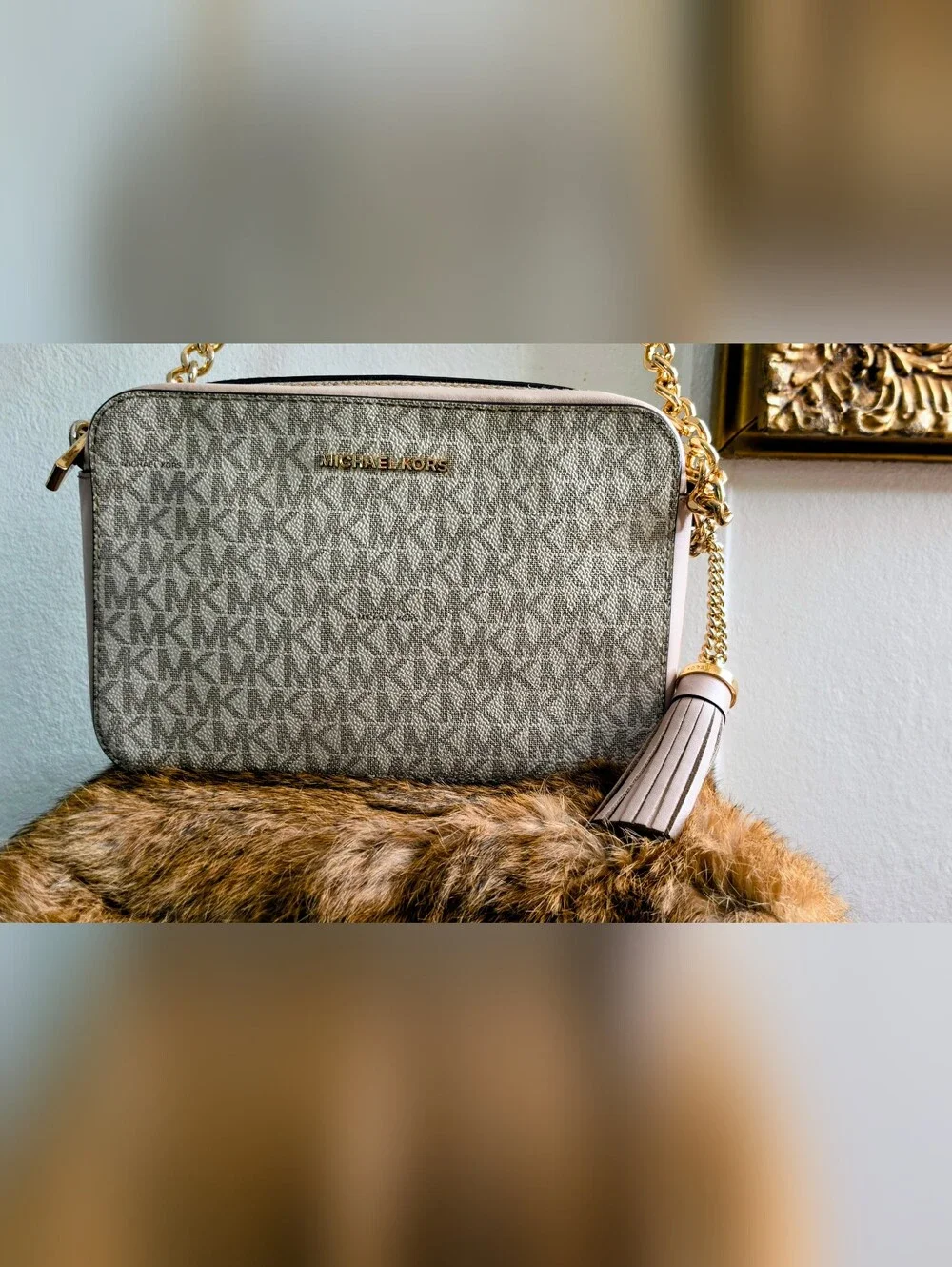 Michael Kors Jet Set Monogram Crossbody Bag in Beige and Light Pink